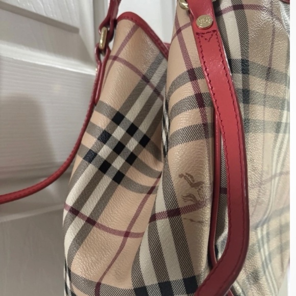 BURBERRY CANTERBURY TOTE PURSE HAYMARKET NOVA CHECK & POUCH RED TRIM NICE - Picture 4 of 7